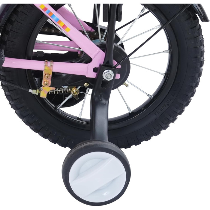 Дитячий велосипед 14 дюймів для хлопчиків та дівчаток з додатковими колесами, кошиком та заднім сидінням, регульована висота, сталевий велосипед для дітей 3-6 років, рожевий