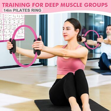 Pilates-кільце Goocrun з еспандером, м'ячем та слайдерами для фітнесу вдома – постер в комплекті (Рожевий, середній рівень)