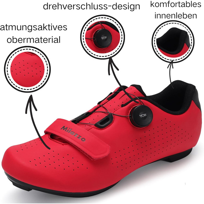 Чоловічі велотуфлі Milazzo для шосе, MTB та велотренажера – дихаючі, сумісні з SPD, SPD-SL та Look Delta педалями, червоні, 46 EU