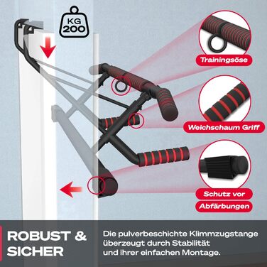 Sportstech Pullmate: турнік для дому з кріпленням на дверний отвір, без свердління, регульований, з неслизькими ручками, з обладнанням для підтягувань та тренажером для петлі, витримує до 200 кг, для калістеніки
