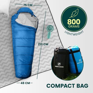 Спальний мішок Green Haven Mumienschlafsack з внутрішньою кишенею, 150 г/м² – водонепроникний, легкий, для кемпінгу та активного відпочинку – 3-сезонний, для весни, літа та ранньої осені, універсальний розмір, блакитний