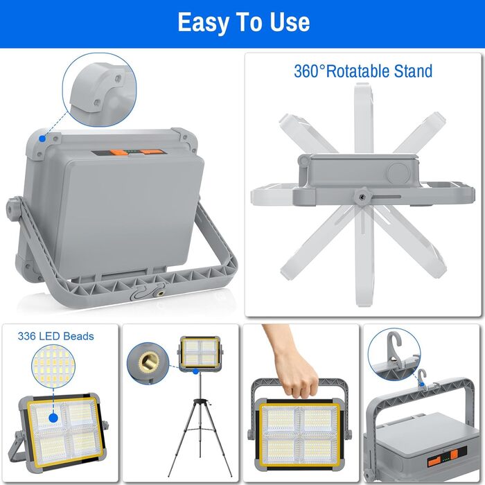 ERAY Сонячний LED прожектор 150W з акумулятором 7800mAh, 336 LED, 4 режими, 2 способи зарядки, портативний ліхтар для кемпінгу, гаража, надзвичайних ситуацій (сірий)