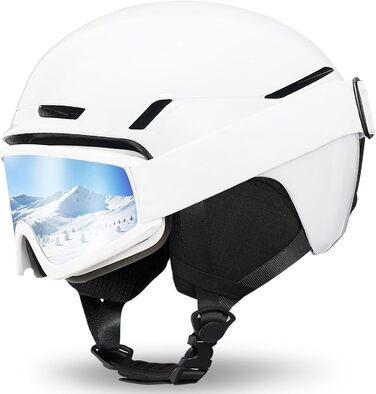Шкільний шолом з маскою DXH816: захисний шолом для жінок та чоловіків з регульованими навушниками, дихаючий, амортизуючий, з захистом від УФ-випромінювання, для катання на лижах та сноуборді, білий глянцевий + маска