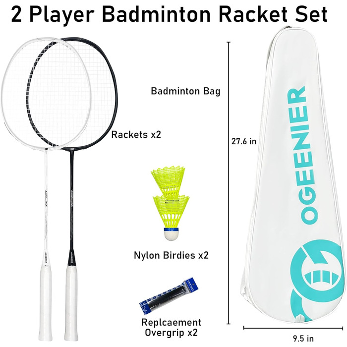 Набір для бадмінтону OGEENIER: 2 ракетки, 2 обмотки, 2 волана, 1 ракетка з сумкою (білий/чорний)