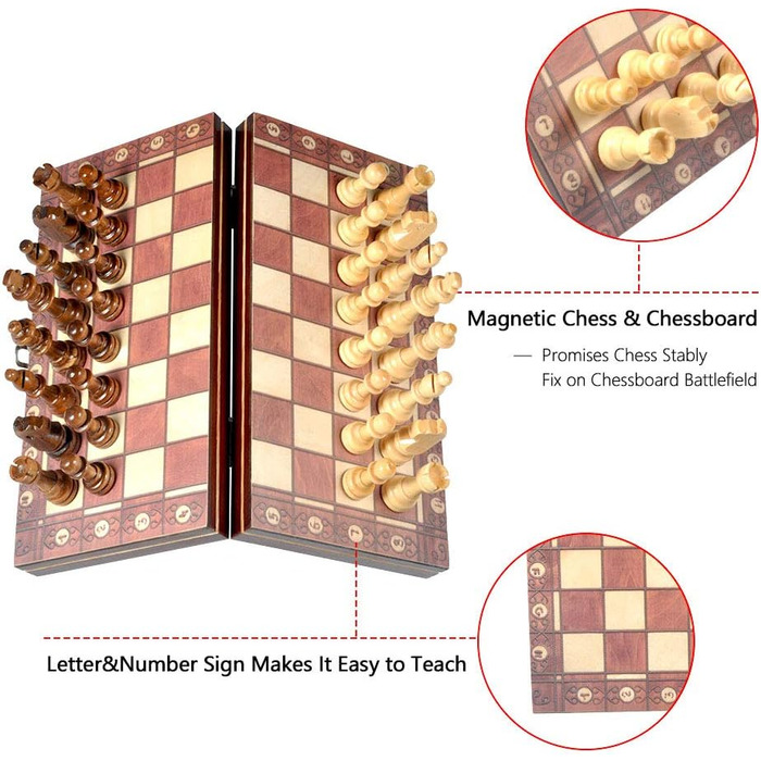 Шаховий набір Nikou: дерев'яне складане шахове поле з магнітними фігурами для подорожей, дітей та дорослих. Шахи для розвитку інтелекту та гри на вулиці.