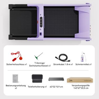 Біговий тренажер DeerRun з підтримкою High-Tech пристроїв, 158 кг, APP-керування, 2573W, складний, з курсами та мультиплеєр, фіолетовий