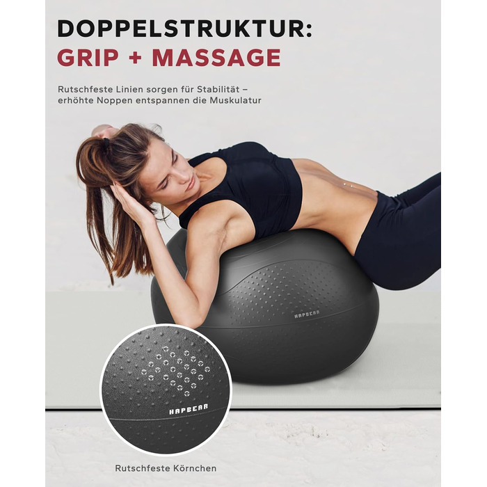 Гімнастичний м'яч HAPBEAR (55/65/75 см) – фітбол для фітнесу, йоги, офісу, анти-burst, з масажними попками, чорний