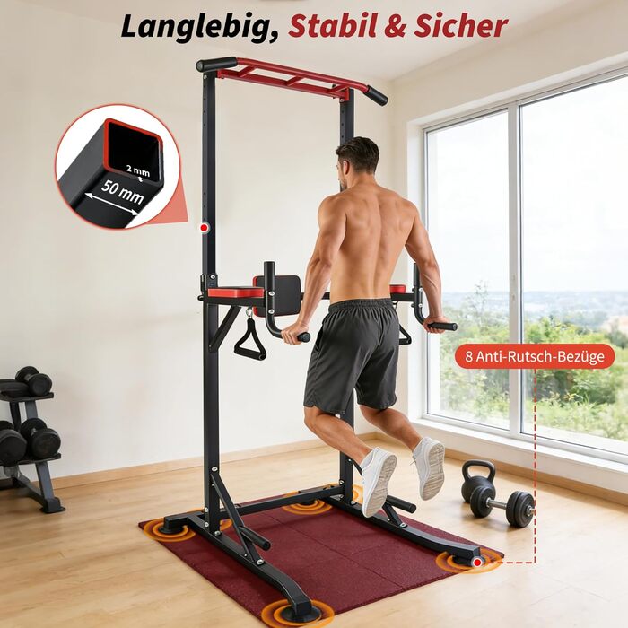 Багатофункціональний турнік Power Tower: станція для підтягувань та віджимань (Dip Station) з регульованою висотою для силових тренувань вдома, червоний