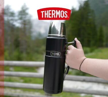 Термос із нержавіючої сталі Thermos King 1,2 л, чорний матовий, з чашкою, 12 годин гаряче / 24 години холодне, BPA free, придатний для миття в посудомийці, з ручкою