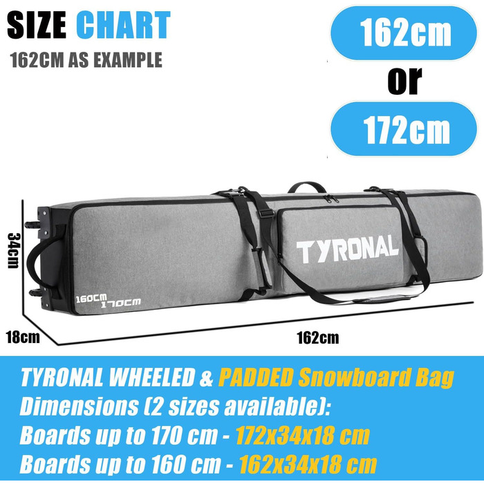Чохол для сноуборду Tyronal з колесами, 160 см, міцний поліестер 600D, для одного сноуборду та черевиків