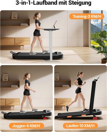 Складана бігова доріжка UMAY для дому з регулюванням нахилу 15%, Walking Pad для ходьби, макс. навантаження 136 кг, з LED-дисплеєм та пультом керування, чорна