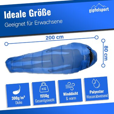 Сплячий мішок Gipfelsport Ultraleicht 4 сезони [-20°C до 15°C] - ультралегкий, для кемпінгу, трекінгу та подорожей, блакитний