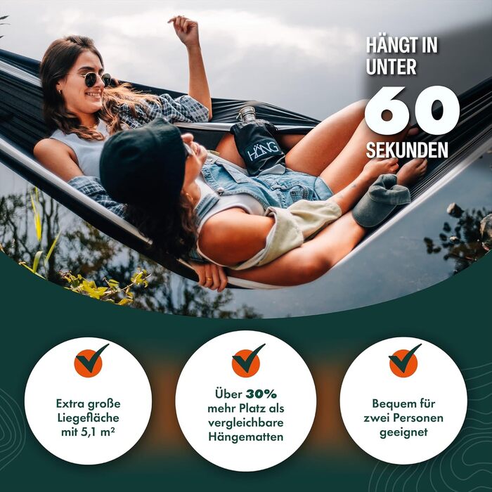 Гамак HÄNG XXL 300x170 см для 2 осіб – вуличний, водостійкий, ультралегкий (850г), вантажопідйомність 200 кг. З парашутної тканини для кемпінгу, подорожей та саду + комплект кріплень (Чорно-білий)