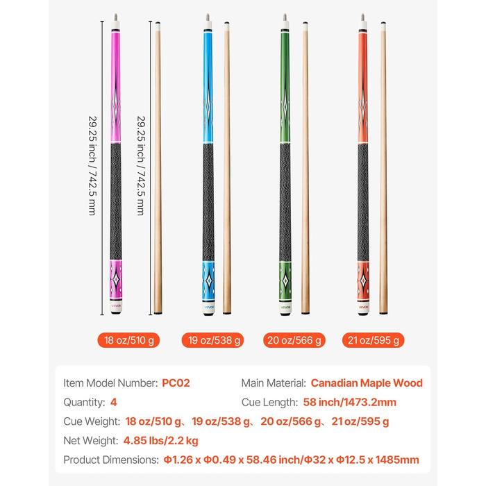 Кю (біліардна палиця) VEVOR, 147.3 см, з багатошаровим наконечником, ABS-з'єднувальний кільце, для професійного більярду, бару, дому, офісу (канадський клен, 4-секційна)