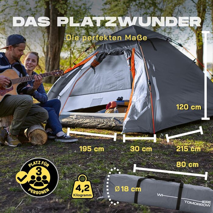 Намет Lumaland Outdoor Pop Up Kuppelzelt для кемпінгу, подорожей та фестивалів (2-3 особи), сірий