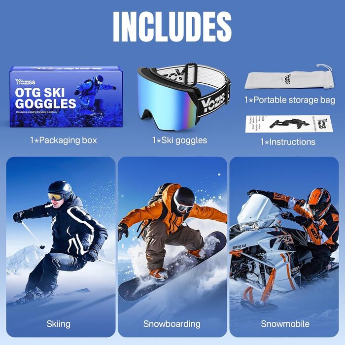 Скі-маска OTG для носіння з окулярами, Магнітна скі-маска для сноуборду з антизапітніюючим покриттям та 100% захистом від УФ-променів, скі-маска для чоловіків та жінок для катання на лижах та зимових видів спорту, блакитне скло