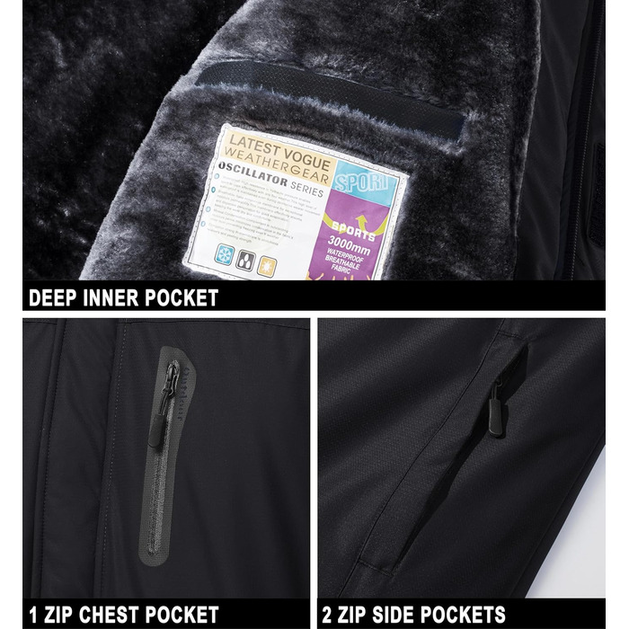 Чоловіча куртка MAGCOMSEN для сноубордингу та катання на лижах, тепла флісова куртка, водонепроникна, вітрозахисна, для активного відпочинку, знімний капюшон, чорний, XL