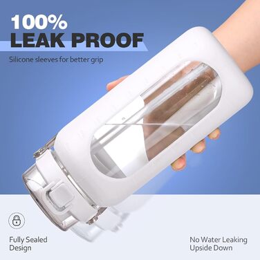 Гідрофляга HYDRAGLAZIC 1900 мл з трубочкою і сталевою ручкою, мотиваційна пляшка для води з силіконовим чохлом і часовими мітками, для контролю щоденного споживання води, біла