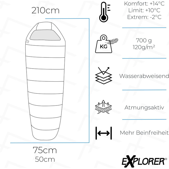 Спальний мішок Explorer Light 600 - ультралегкий, 210x75x50 см, -2°C до +14°C, 700 г, 120 г/м², чорний, для кемпінгу та трекінгу