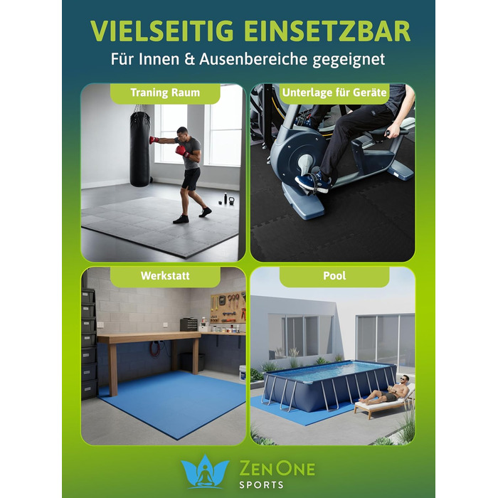 Пазл-килимок для фітнесу ZenOne Sports® 30x30x1 см (18 шт., 1.5 м²) - захисний килимок для тренажерів, чорний