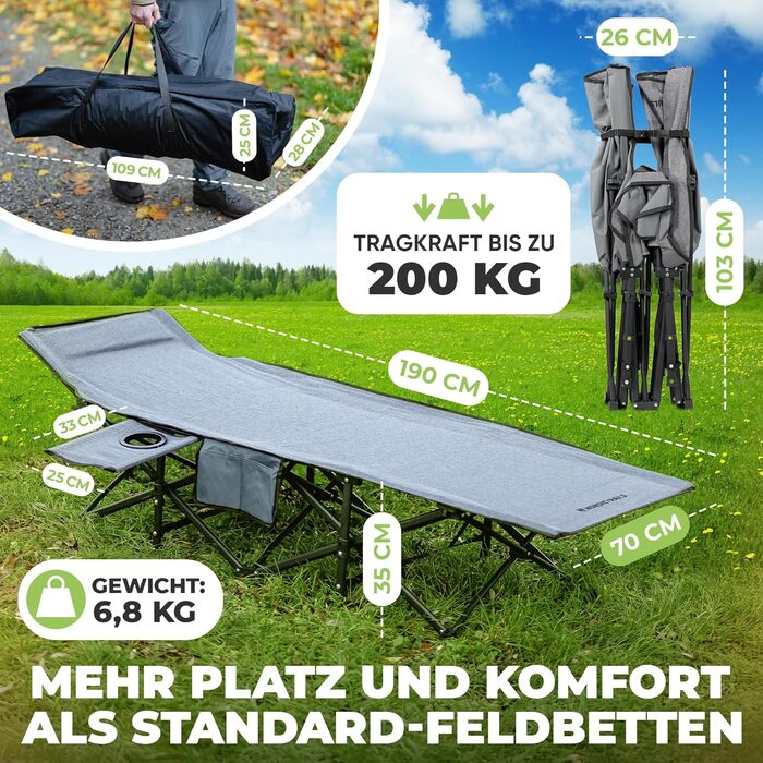 Кемпінгове ліжко NORDICTRAILS - розкладне, XXL, комфортне | Для відпочинку на природі, гостей, риболовлі | Сірий колір, без матраца