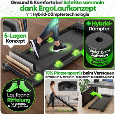 Бігова доріжка Walking Pad Tretmann з нахилом, складана – тиха, до 150 кг, з додатком, EMS-фільтром, для дому, чорна