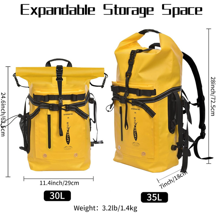 Водонепроникний рюкзак 35L для каякінгу, рафтингу та пляжу (жовтий)