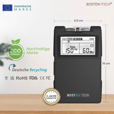 Пристрій TENS Boston Tech ME89 PRO: терапія болю, EMS, 7 режимів, стимуляція м'язів, 4 електроди, 9V батарея, захист від падінь, кейс