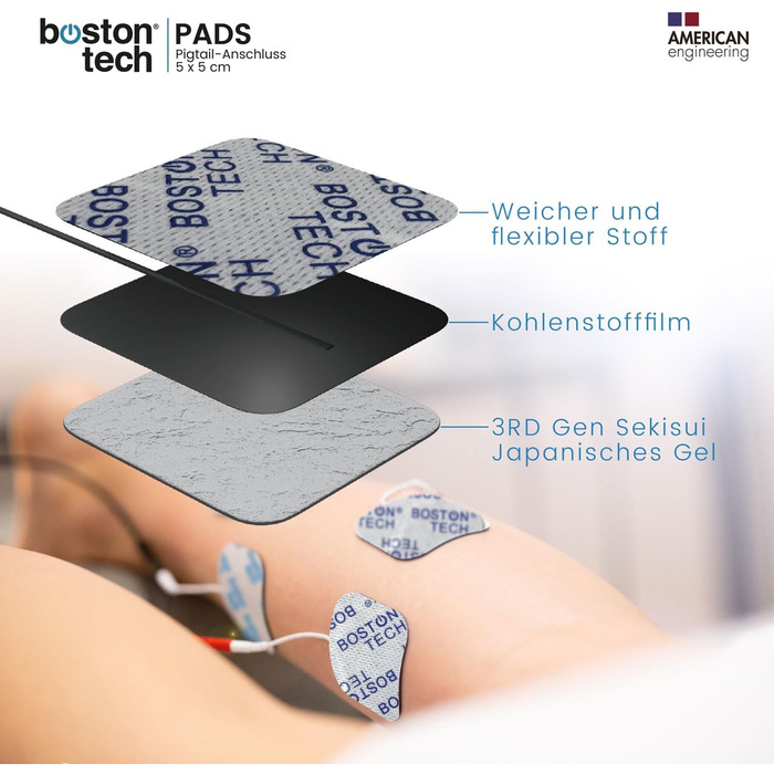 Boston Tech ME89 PRO TENS EMS: Апарат для терапії болю, 7 режимів, стимуляція м'язів, 4 електроди, 9V, захист від падіння