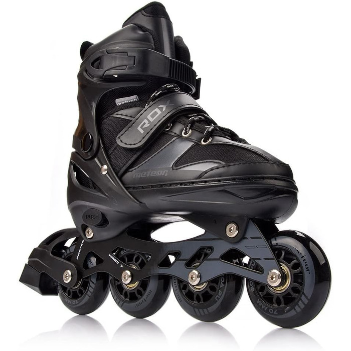 Дитячі ролики Meteor Rox з регулюванням – інлайнери для дівчаток та хлопчиків, підшипники ABEC-7 Carbon, колеса PU 72mm 80A, алюмінієвий фрейм, розміри S30-33, M34-37, L38-41 (L 38-41, Чорний)
