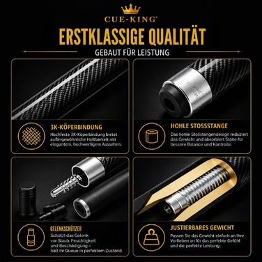 Професійний більярдний кий Cue-King Pro Series з карбону для пулу, 147 см, наконечник 12.5 мм, у комплекті з преміум-чохлом