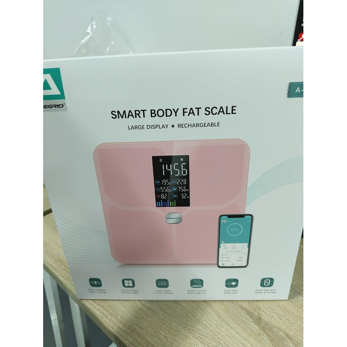 Електрична вага для вимірювання складу тіла ABLEGRID з LED-дисплеєм, рожева. Вимірює жир, м'язи, BMI, частоту серця та інші параметри (16 показників). Макс. вага: 180 кг