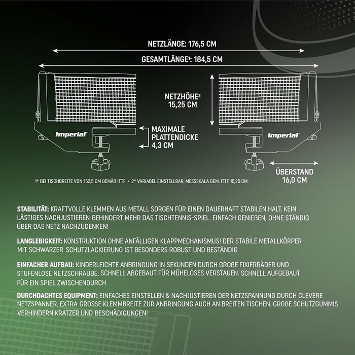 Сітка для настільного тенісу Imperial WM-Tour, чорна, регульована висота, сталева конструкція