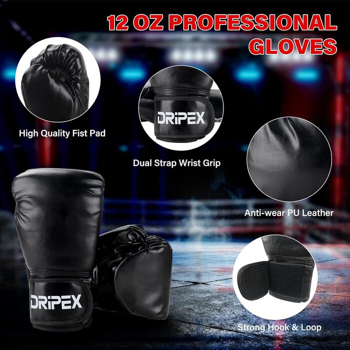 Боксерський мішок Dripex з наповнювачем, важкий підвісний боксерський мішок, комплект з міцним сталевим ланцюгом на 360° та боксерськими рукавичками для тренувань кікбоксингу, фітнесу, MMA