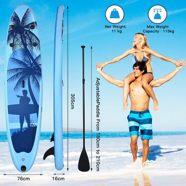 Надувна SUP-дошка HOMASIS 305x76x16 см з веслом, насосом, центральним плавником, рюкзаком і ремкомплектом, для підлітків і дорослих, синя