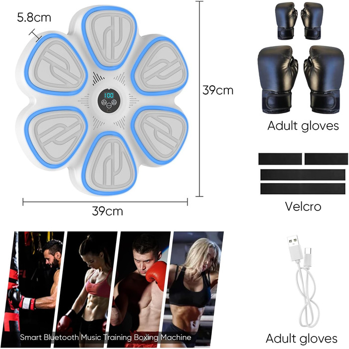 Музична боксерська машина Doramier з Bluetooth, LED-підсвічуванням та 2 парами рукавичок. 9 режимів тренування, підрахунок ударів, для дорослих та дітей.