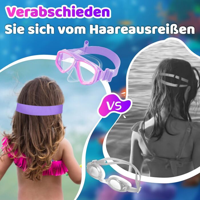 Дитячі окуляри для плавання Vvinca з захистом носа та м'яким ремінцем, безпечні, проти запотівання та водонепроникні, 3-14 років (01-Purple Pink)