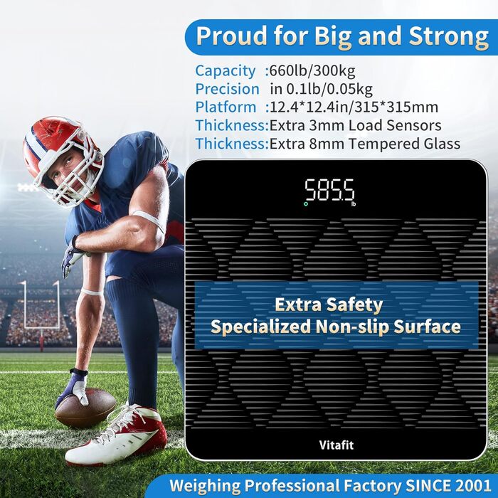 Ваги підлогові Vitafit 300 кг, чорні: цифровий BMI, Bluetooth, скло 8 мм, LED-дисплей