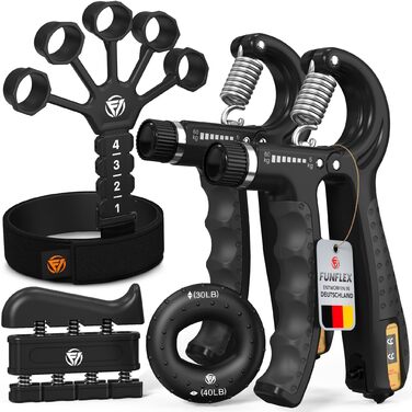 Набір для тренування рук Handtrainer: 5 предметів, регульований тренажер сили хвата, розтягувач пальців, бандаж на зап'ястя, тренажер для хвата, кільце для хвата, чорний