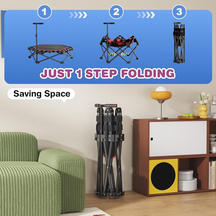 MOMODA Складний батут для фітнесу в приміщенні з ручкою, діаметр 106 см, червоний, для дітей та дорослих