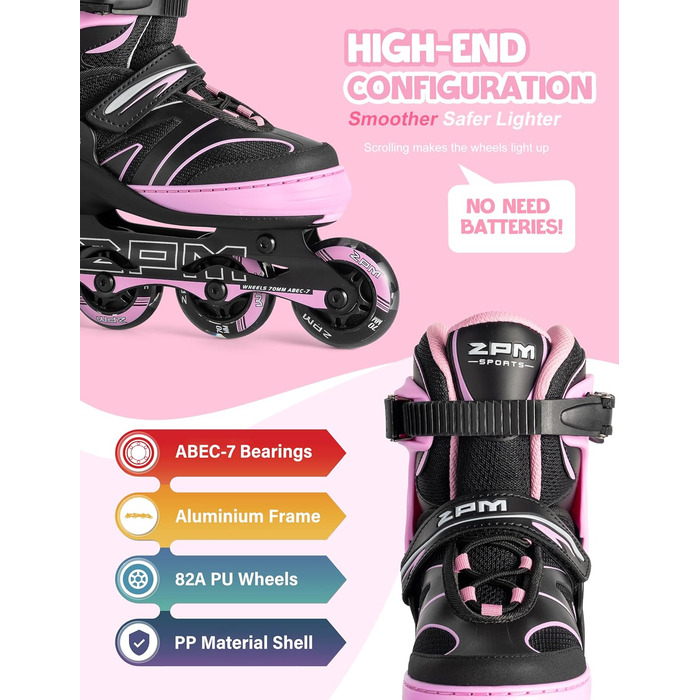 Дитячі ролики 2PM SPORTS з регульованим розміром для дівчаток та хлопчиків, ролери з колесами 82A PU, зелені (рожеві), розмір L (EU 37.5-41)