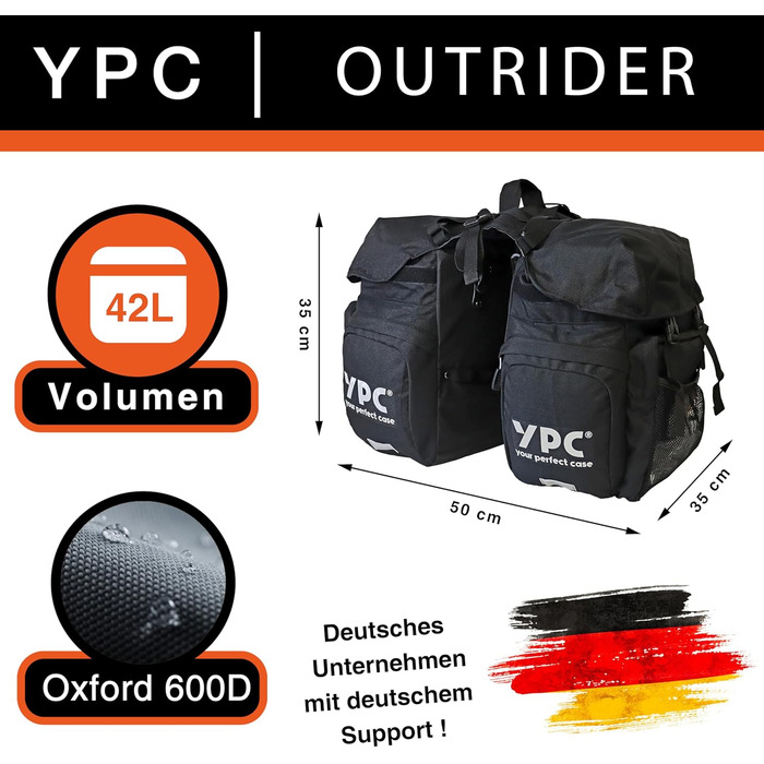 Велосипедна сумка YPC Outrider XL 42 л для багажника, водонепроникна задня сумка на велосипед з ручкою, дорожня сумка з кліп-застібкою, чорна, 50x35x35 см