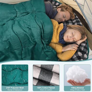 Спальний мішок Baumwolle для 2 осіб, зимовий, водовідштовхувальний, великий (Queen Size), для кемпінгу та подорожей на автодомі (темно-зелений-сірий)
