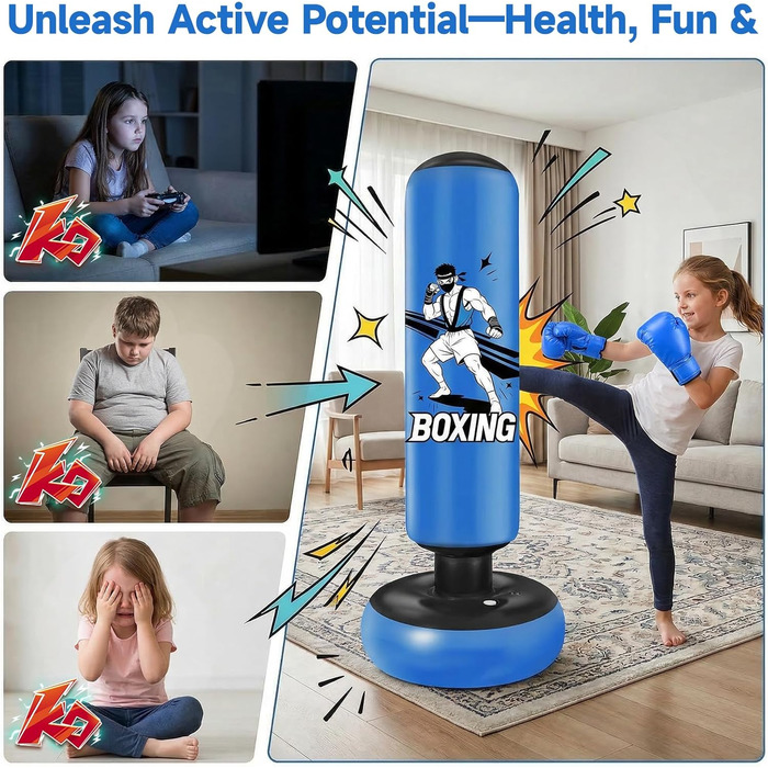 Боксерський мішок надувний для дітей 168 см з рукавичками та насосом, блакитний, з мотивом бійця, для дому, 5-12 років, для Karate та Taekwondo