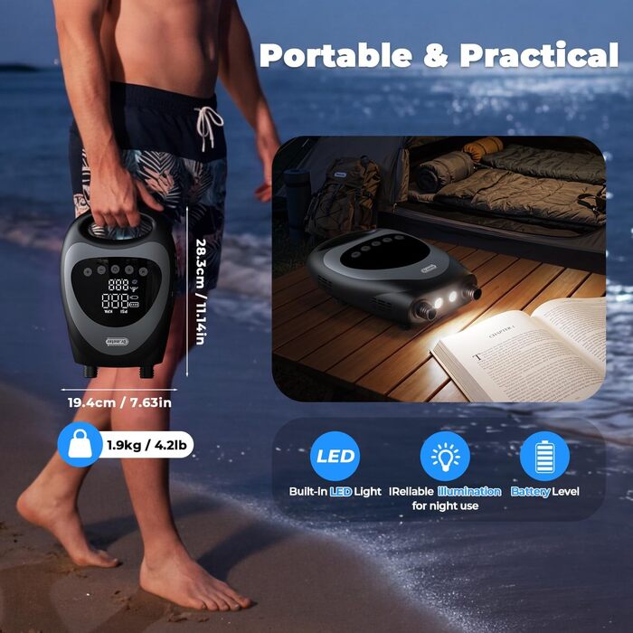 Насос електричний для SUP дощок Dr.meter 20 PSI з акумулятором 5200mAh, LED підсвіткою, для каяків, човнів, кайтсерфінгу