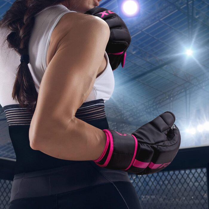 RDX Profi рукавички для MMA та боксу, синтетична шкіра, для тренувань, спарингів, кікбоксингу, муай-тай, чорні, рожеві, чоловічі, розмір M