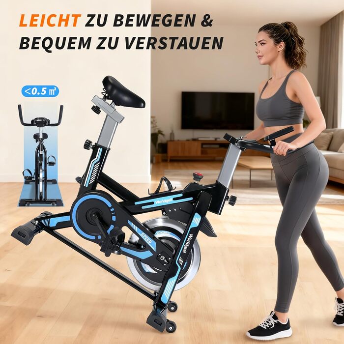 Велотренажер з магнітним опором - велотренажер з регульованим опором, тихий спінінг, висота регулюється, LCD-монітор, тримач для планшета, блакитний, великий