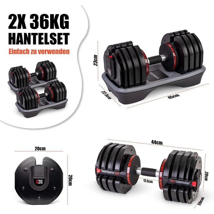 Професійний набір гантелей Profihantel X36 з регулюванням ваги | 2-36 кг | Зручна система кріплення | Комплект з підставками