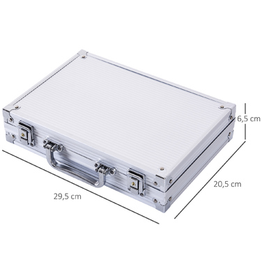 Набір для покеру HOMCOM: 200 фішок, 2 колоди карт, 5 кубиків, алюмінієвий кейс. Розміри: 29,5 x 20,5 x 6,5 см. Матеріал кейсу: алюміній + пінополістирол.