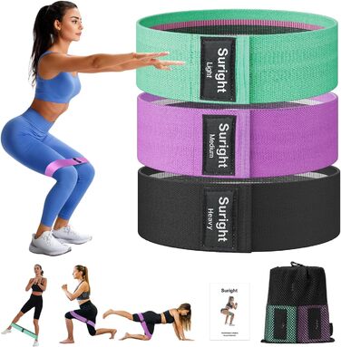 Стрічки опору для фітнесу [3 шт.] для сідниць та стегон, антиковзкі фітнес-стрічки для жінок/чоловіків, силові тренування, йога, пілатес (Чорний, фіолетовий, зелений)